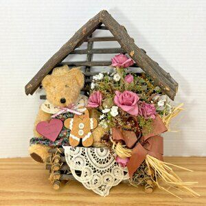 Vintage Hand Made Cottage Core Home Decor Teddy Flowers Kitschy  Wood House Tree